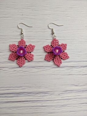 Pink Beaded Floral Drop Earrings with Purple Center